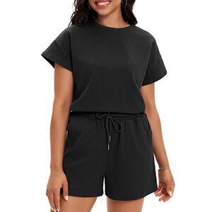 Lounge Sets 2 Piece Outfits Short Sleeve Tops Drawstring Short Sets Black